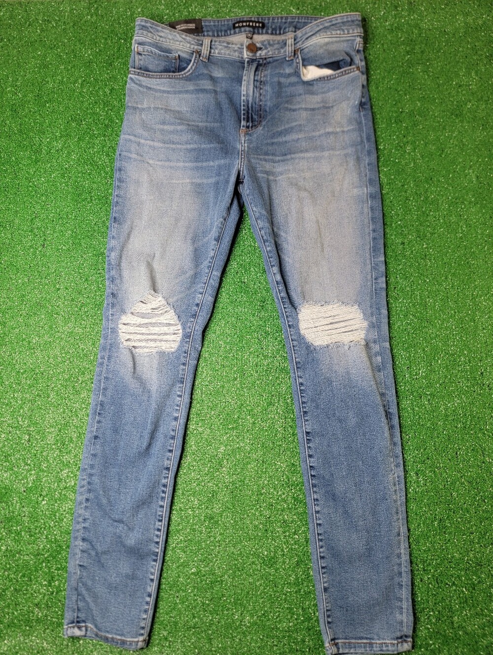 Monfrere Greyson Distressed Skinny Jeans Men's Size 36x32 Blue Button Zip Pocket